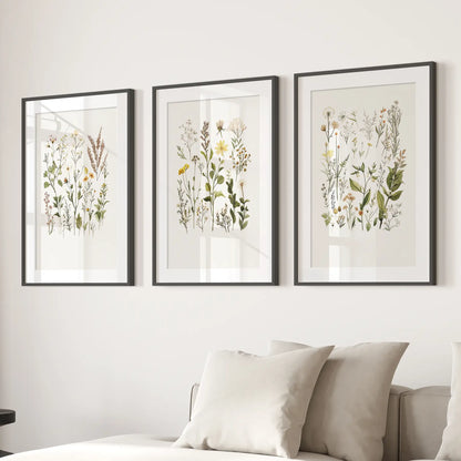 Spring wildflowers modern trendy prints. Neutral floral poster. Black frames with mat over the couch.
