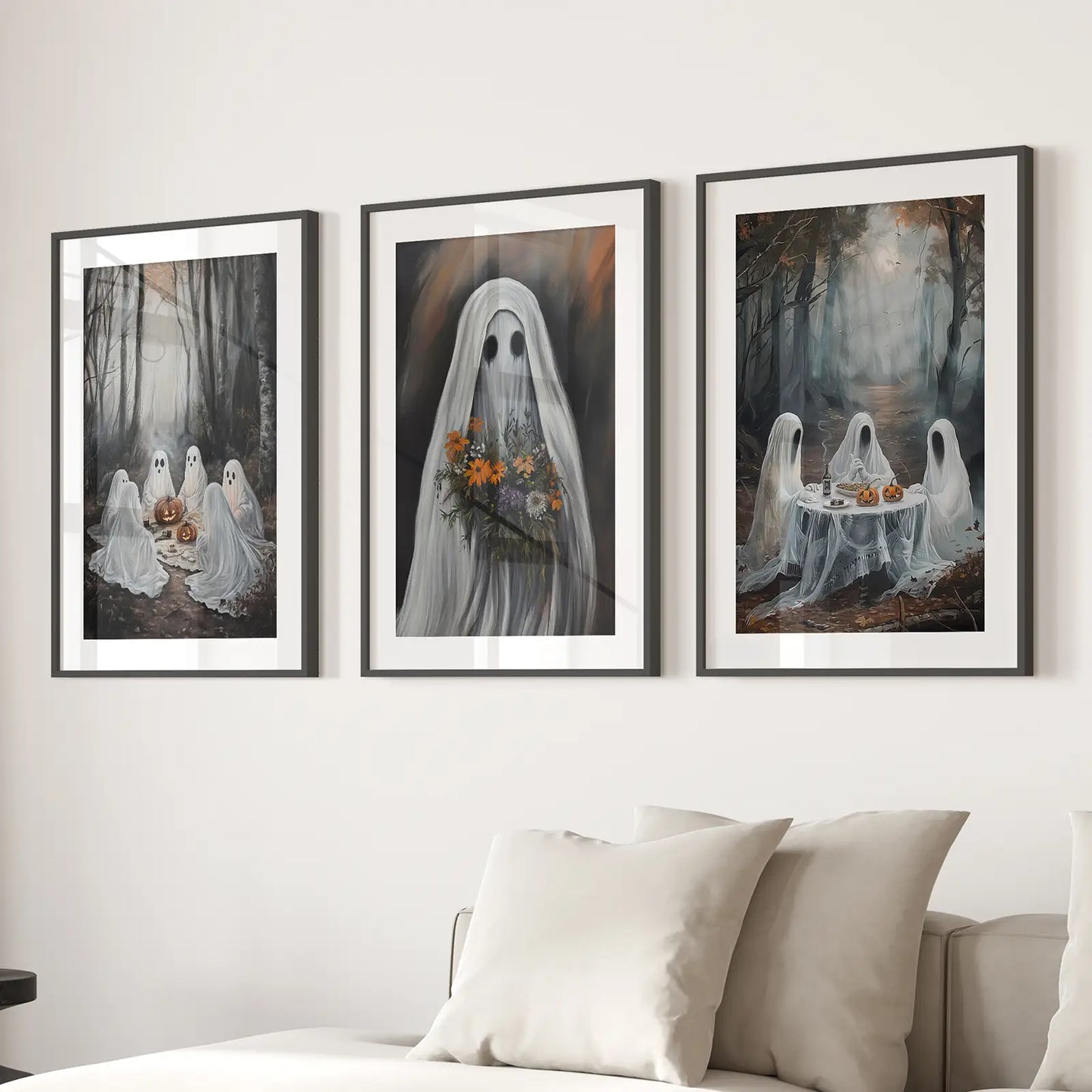 Ghosts at a Table in the Woods Room Decor Wall Art. Black Frames with Mat Above the Sofa.