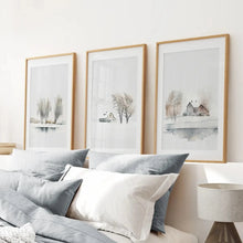 Load image into Gallery viewer, Snowy Trees Watercolor Landscape Print. Thin Wood Frames with Mat for Bedroom.

