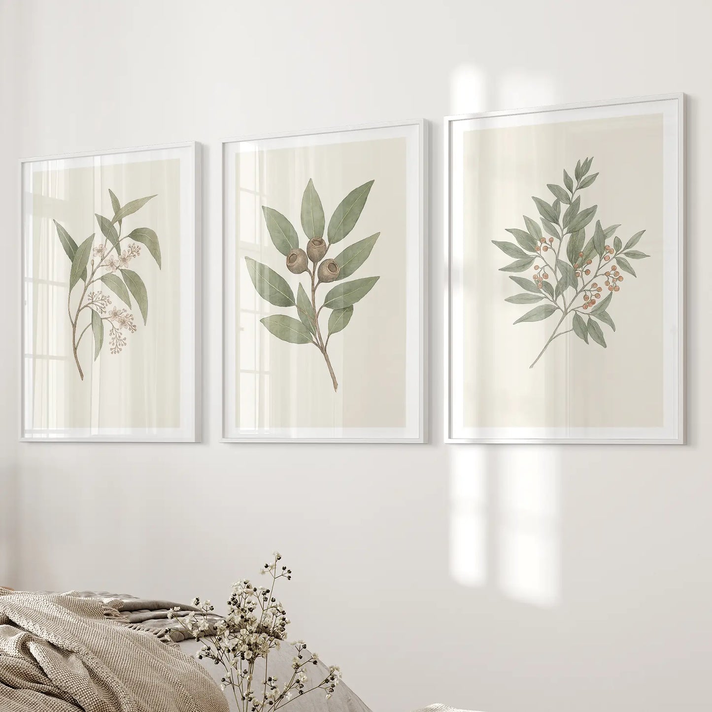 Modern Farmhouse Country Prints Floral Prints Decor. White Frames Over the Bed.