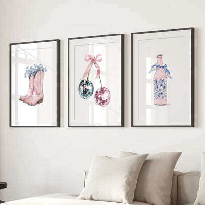 Modern Prints Pink Floral Champagne Preppy Art Set. Black Frames with Mat Above the Sofa.