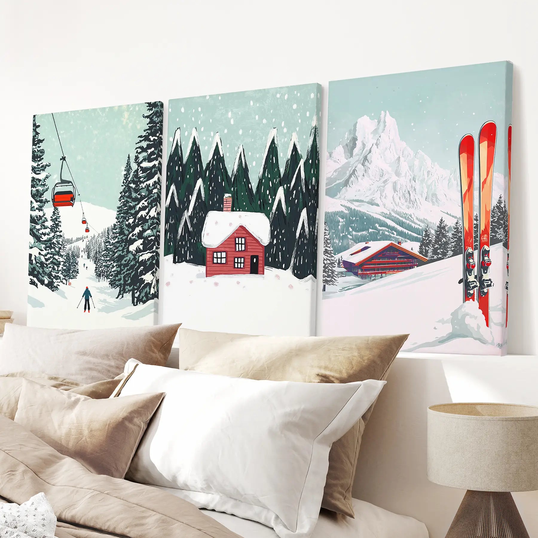 Ski Resort Aesthetic Vintage Wall Art Home Decor. Stretched Canvas Above the Bed.