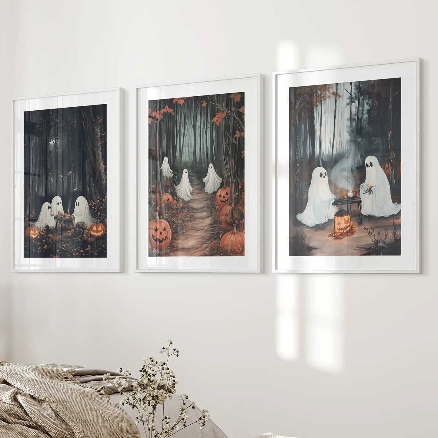 Dark Autumn Forest Modern Wall Art Poster Set Decor. White Frames with Mat for Bedroom.