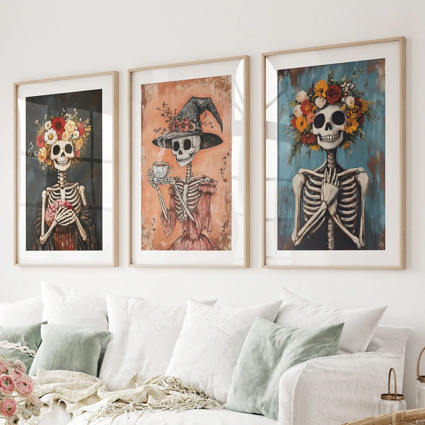 Vintage Floral Skeleton Spooky Art Decor Poster Set. Thinwood Frames with Mat Over the Couch.