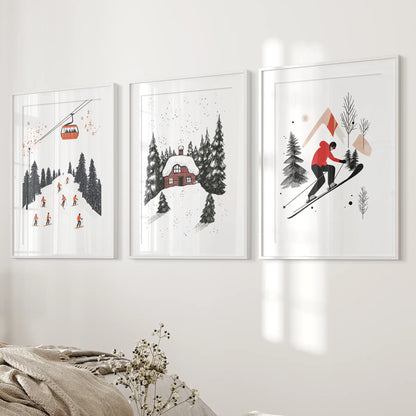 Vintage Ski Poster Best Selling Wall Art Decoration. White Frames with Mat Over the Bed.