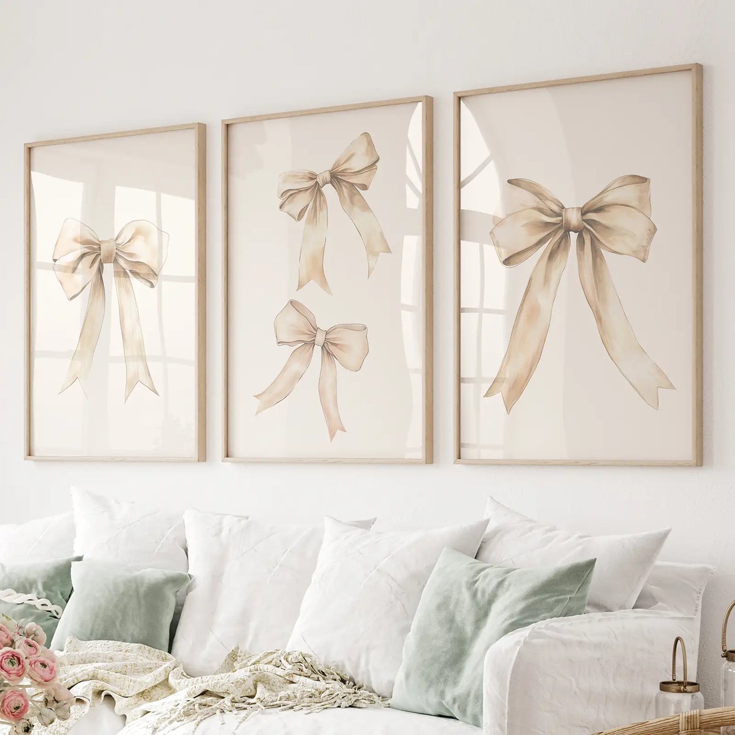 Coquette Wall Art Bow Room Decor Trendy Poster Set. Thinwood Frames Above the Sofa.