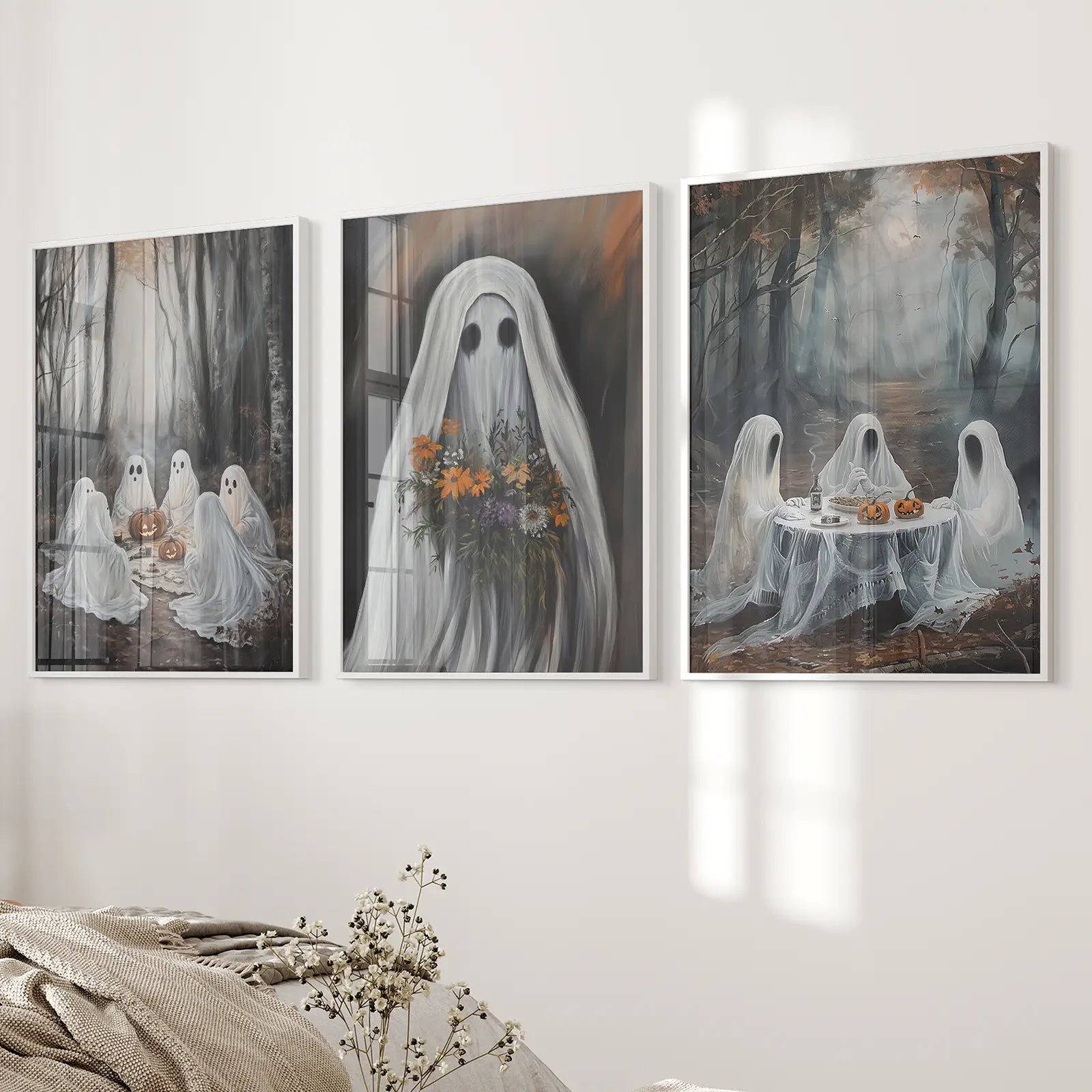 Fall Forest Halloween Wall Art Poster Set Decoration. White Frames for Bedroom.