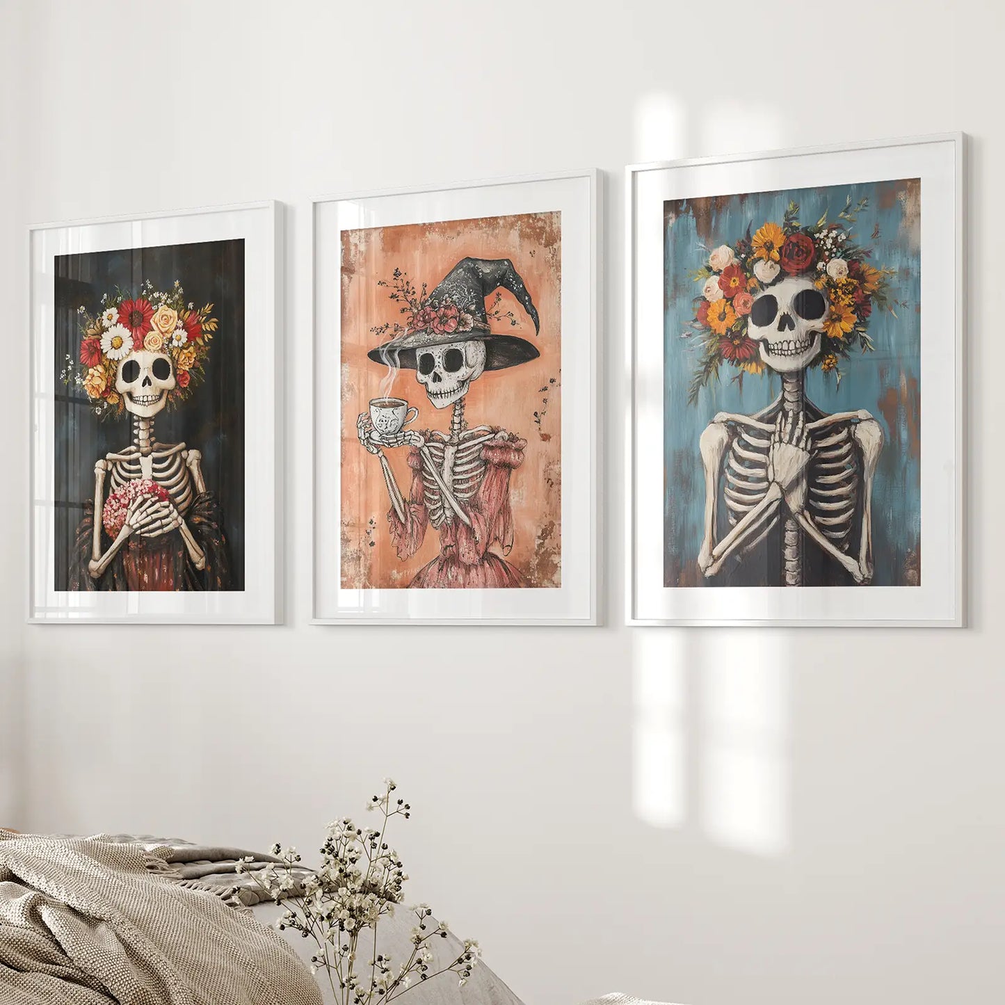 Creepy Halloween Apartment Decor Printable Art Set. White Frames with Mat Over the Bed.