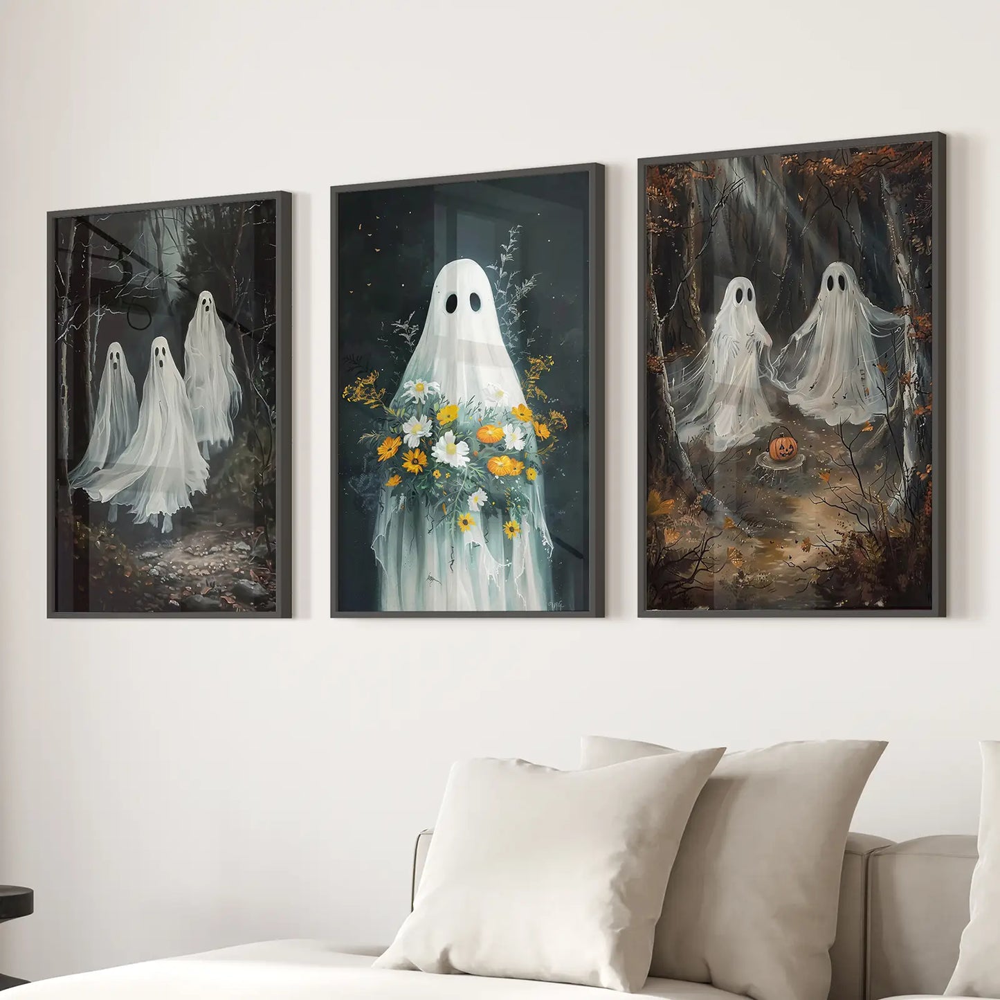 Spooky Ghost Wall Art Halloween Poster Decor. Black Frames Above the Sofa.