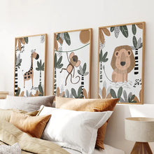 Load image into Gallery viewer, Lion,Giraffe, Monkey. Nursery Wall Art Set. Thin Wood Frames Over the Bed.
