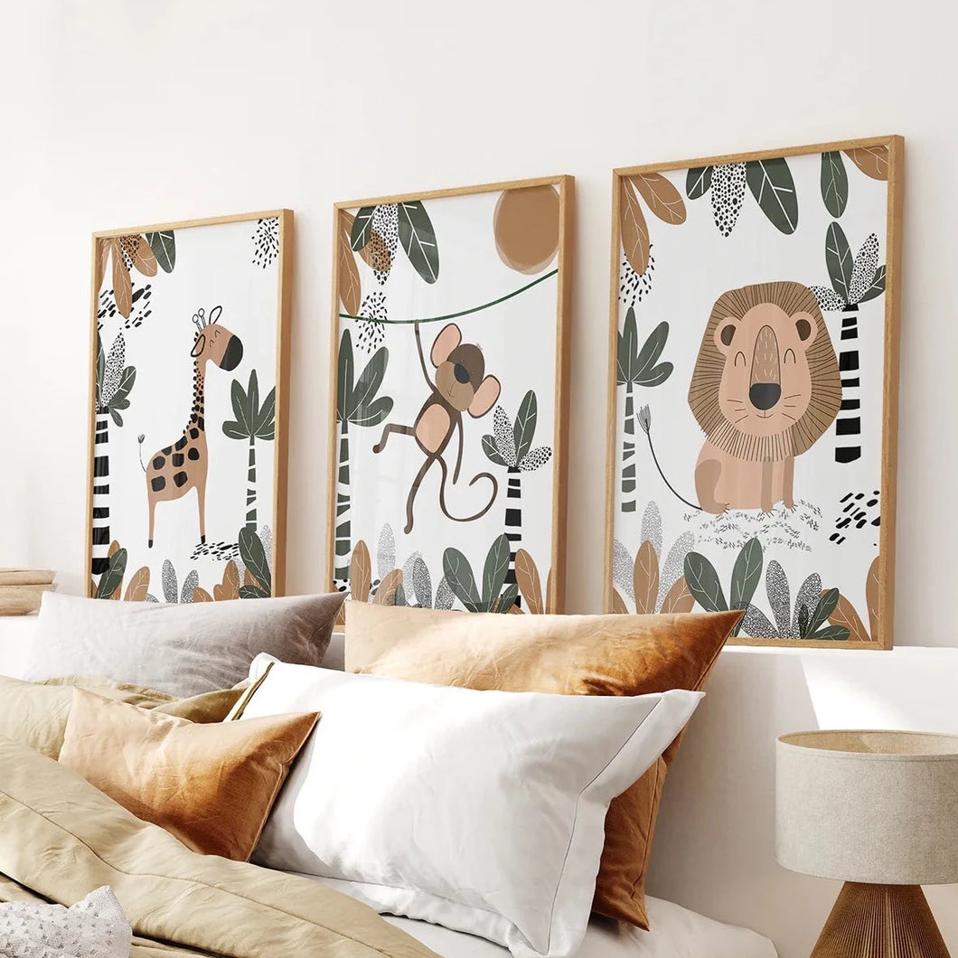 Lion,Giraffe, Monkey. Nursery Wall Art Set. Thin Wood Frames Over the Bed.