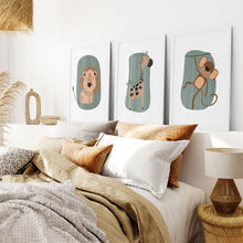 Load image into Gallery viewer, Lion,Giraffe,Monkey Cute Safari Animals Art for Baby Room. White Frames Over the Bed.
