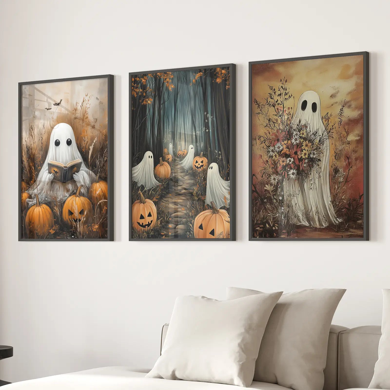 Trendy Cute Halloween Autumn Forest Home Decor Set. Black Frames for Living Room.