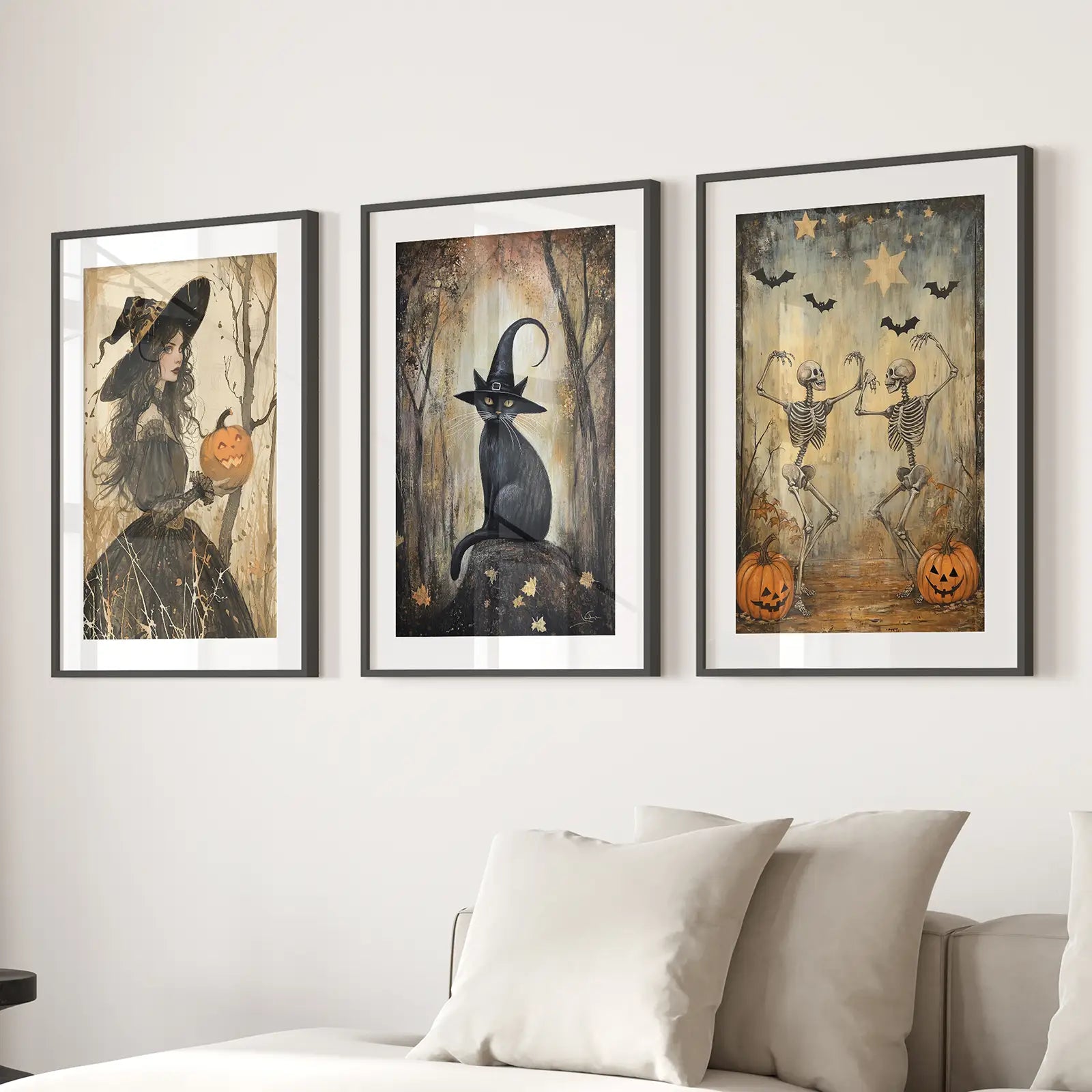 Witchy Artwork Halloween Prints Apartment Decor. Black Frames with Mat Above the Sofa.