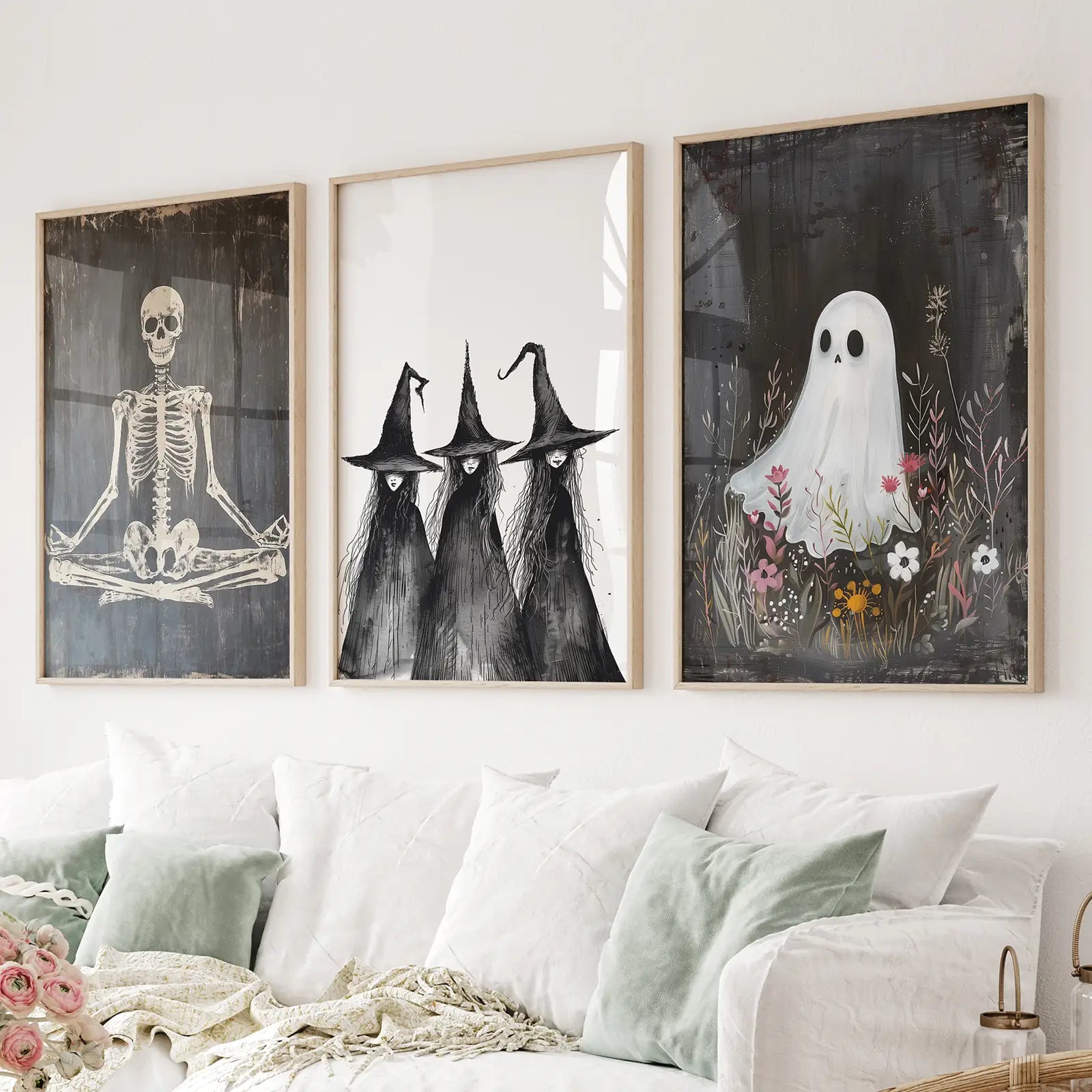 Printable Witch Halloween Spooky Season Wall Decor Set. Thinwood Frames Above the Sofa.