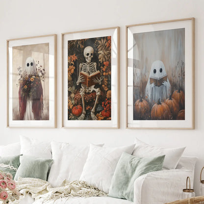 Reading Skeleton Poster Printable Home Decor Set. Thinwood Frames with Mat Over the Couch.