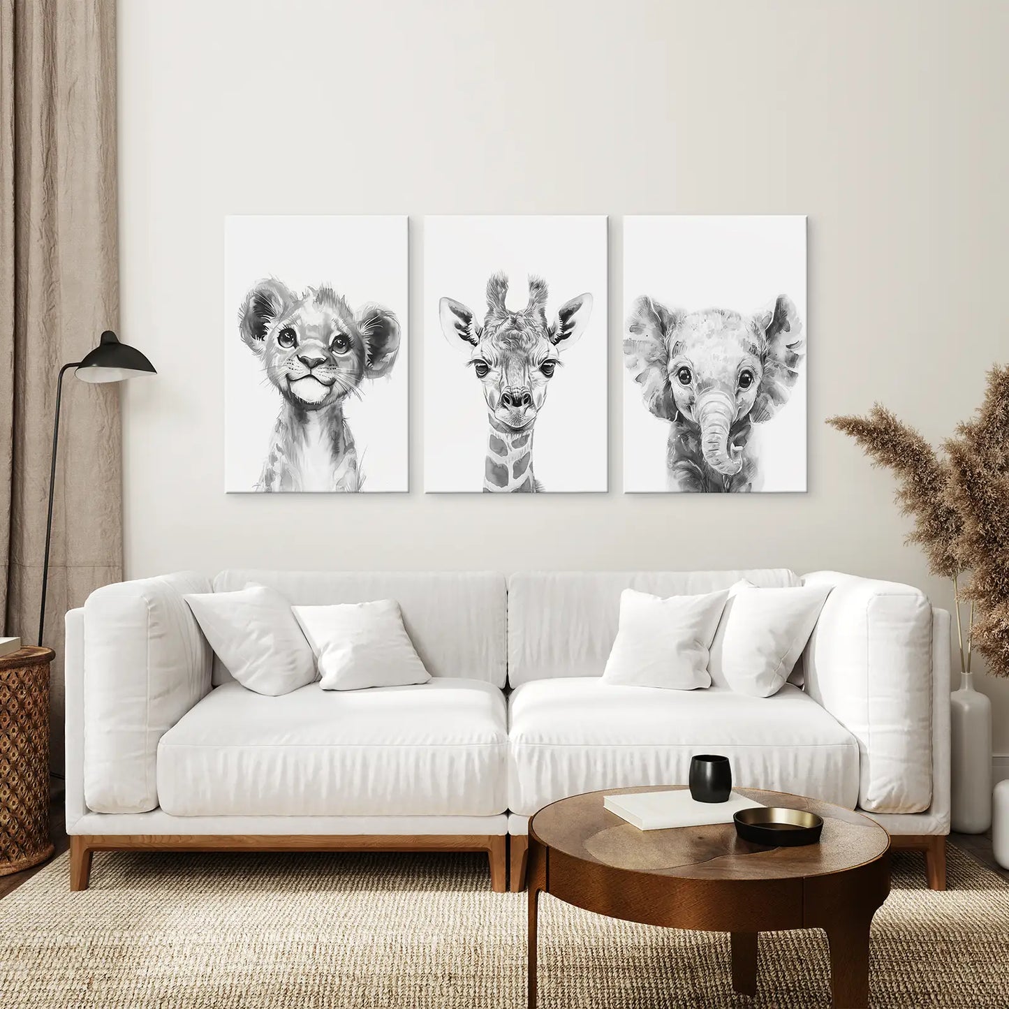 Safari Animals Lion Giraffe Elephant Prints. Wrapped Canvas Over the Couch.