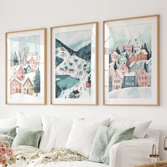 Holiday Pastel Decor Christmas Art Poster Set. Thinwood Frames with Mat Above the Sofa.