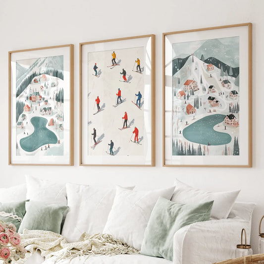 Snowy Christmas Village Poster Set Decoration. Thinwood Frames with Mat Above the Sofa.