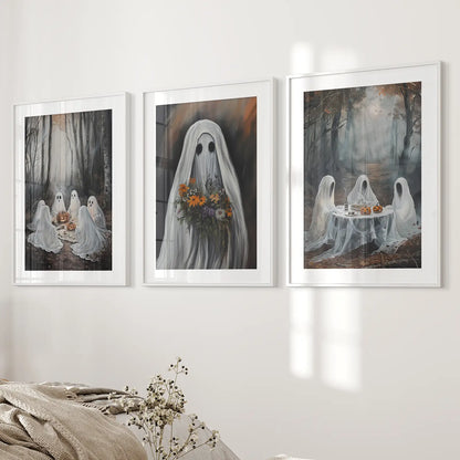 Trendy Dark Academia Art Apartment Decor Prints. White Frames with Mat Above the Bed.