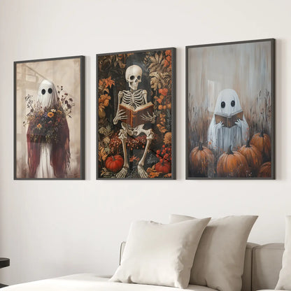 Halloween Floral Skull Wall Decor Moody Art Posters. Black Frames Above the Sofa.