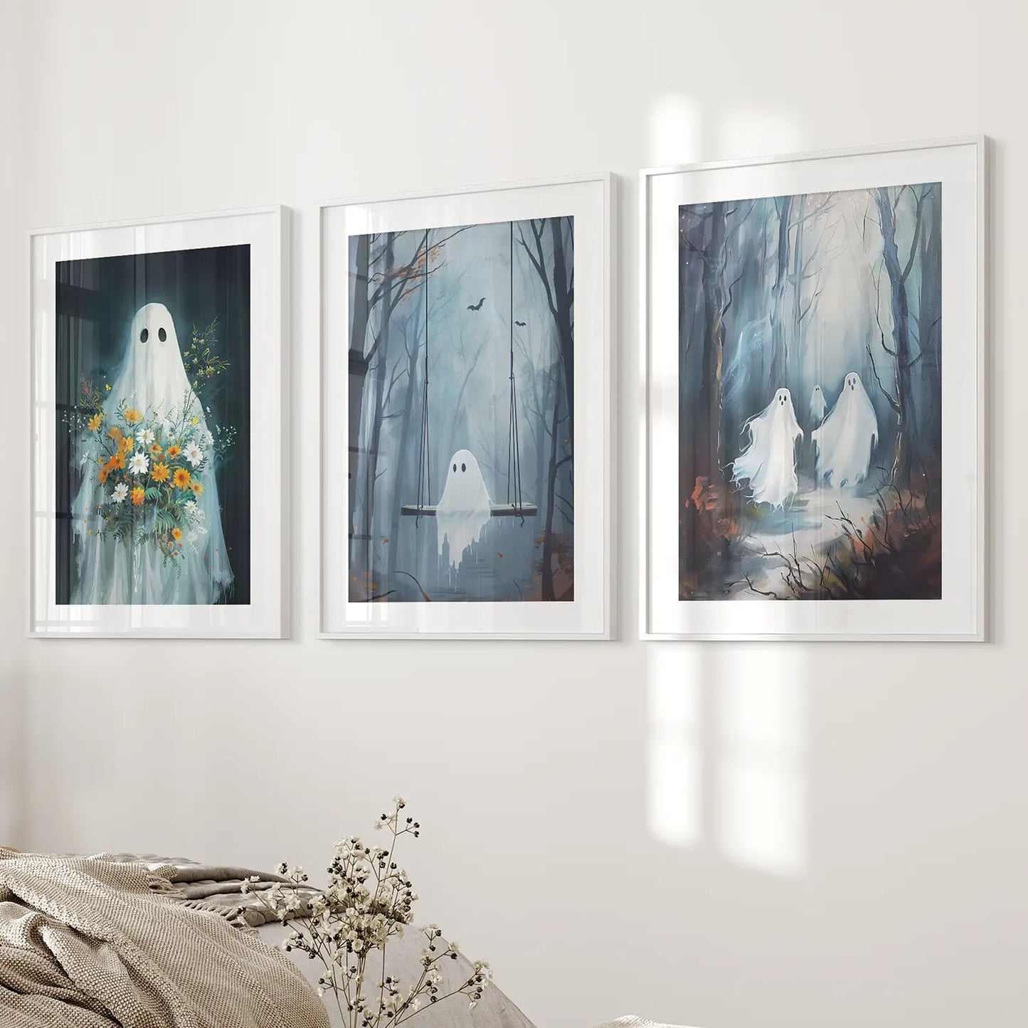 Printable Halloween Ghost in Autumn Scenery Posters. White Frames with Mat Above the Bed.