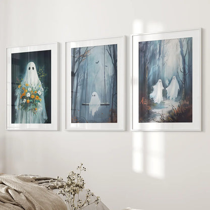 Printable Halloween Ghost in Autumn Scenery Posters. White Frames with Mat Above the Bed.