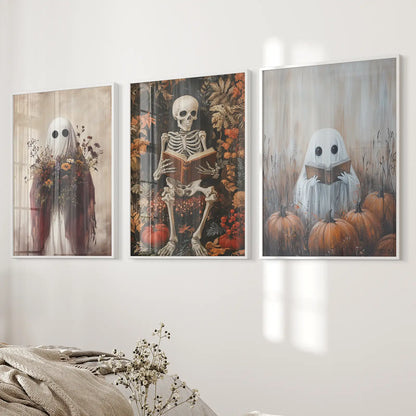 Spooky Ghost Reading Book Apartment Decor Prints. White Frames for Bedroom.