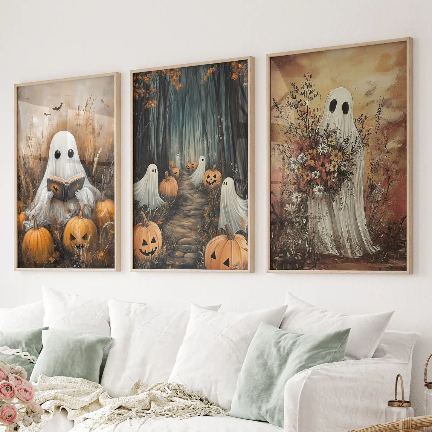 Vintage Spooky Autumn Prints Room Decor Art. Thinwood Frames Above the Sofa.