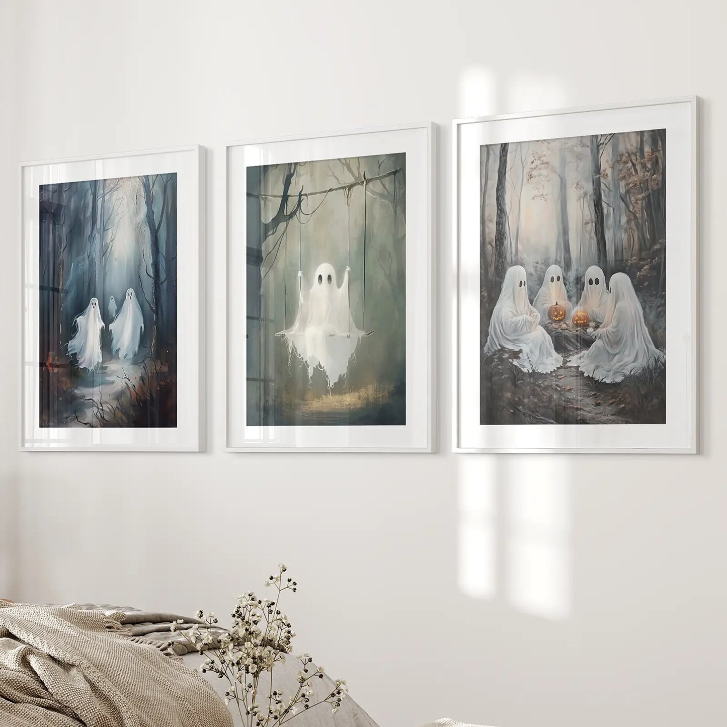 Spooky Fall Forest Halloween Art Print Set Decor. White Frames with Mat for Bedroom.