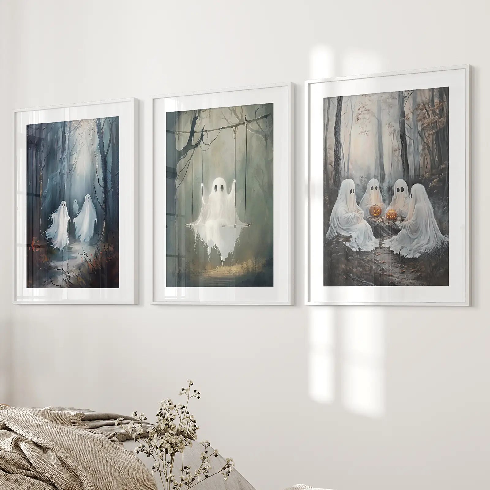 Spooky Fall Forest Halloween Art Print Set Decor. White Frames with Mat for Bedroom.