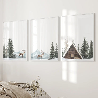 Neutral farmhouse winter wall decor art print set. White frames over the bed.