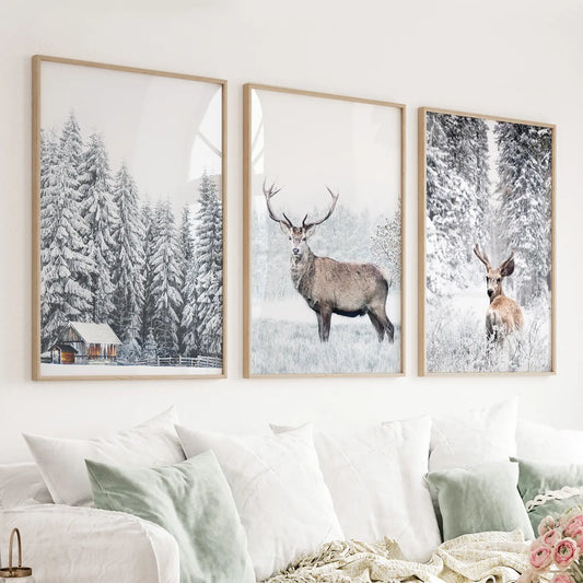 Winter Animal Wall Decor Set of 3. Snowy Forest, Deer