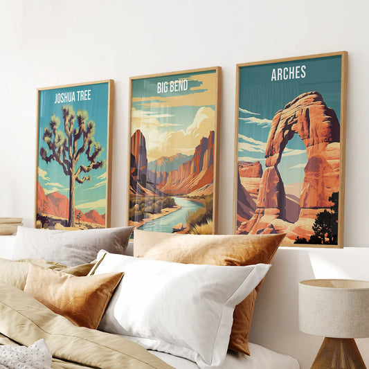 Nature wall art. Modern travel posters for Apartment decor. Thinwood frames above the bed with pillows. 