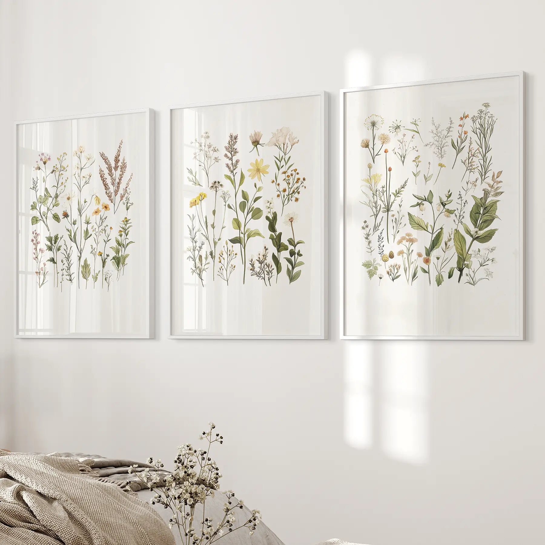 Wild plants botanical art decor. Wildflowers print set of 3. White frames above the bed.