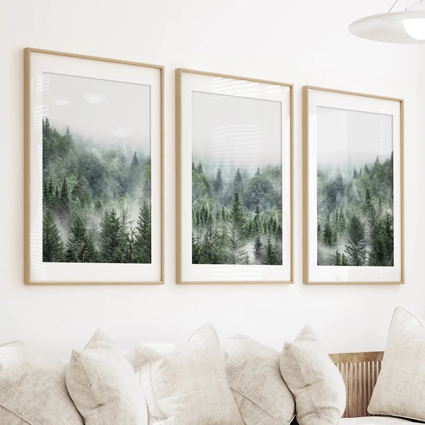 Minimalist Set of 3 Green Misty Mountain Forest Prints