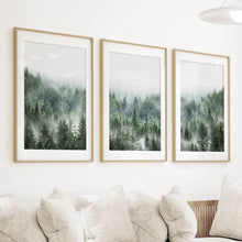 Load image into Gallery viewer, Minimalist Set of 3 Green Misty Mountain Forest Prints
