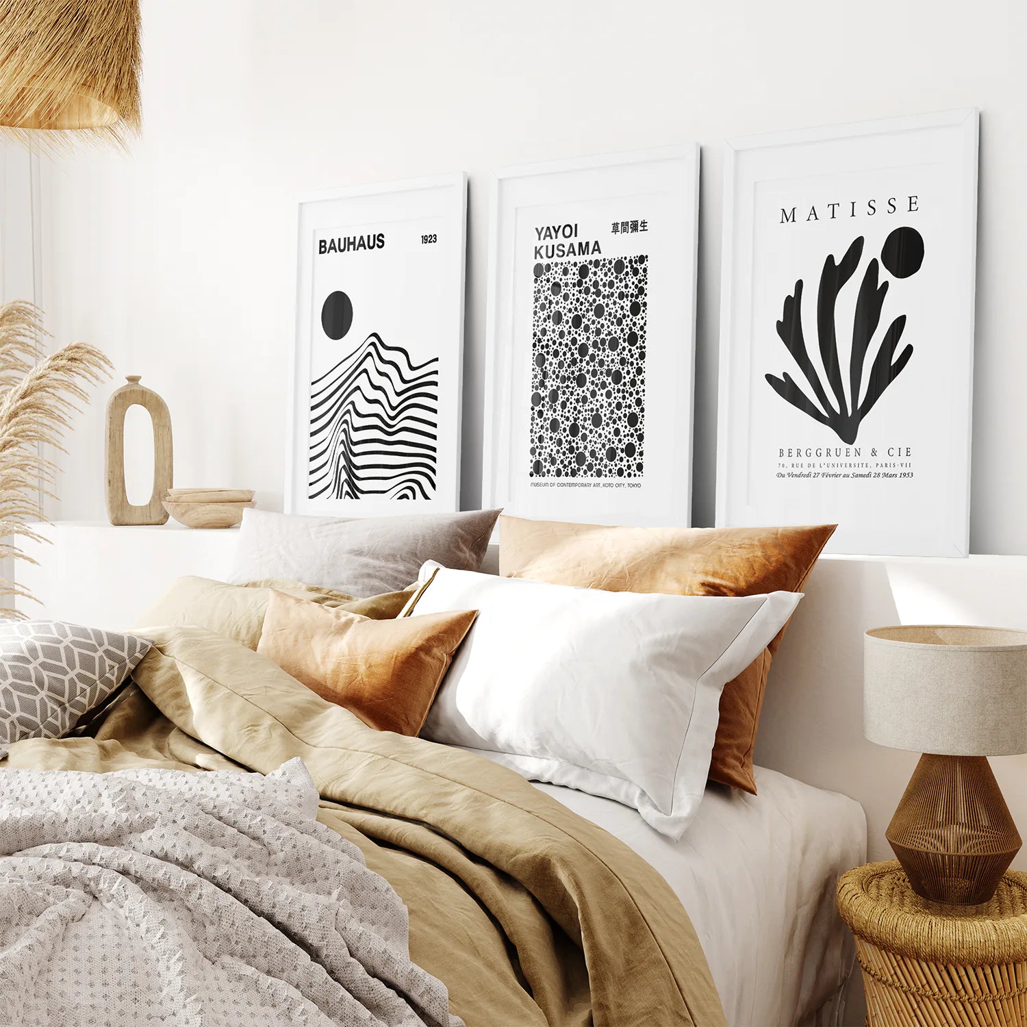 Neutral Minimalist Art Decor Set. White Frames with Mat Over the Bed.