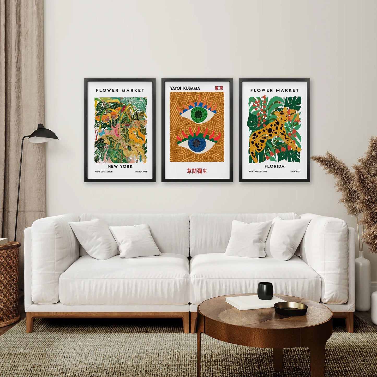 Florida Flower Market Art Poster Decor. Black Frames Above the Sofa.