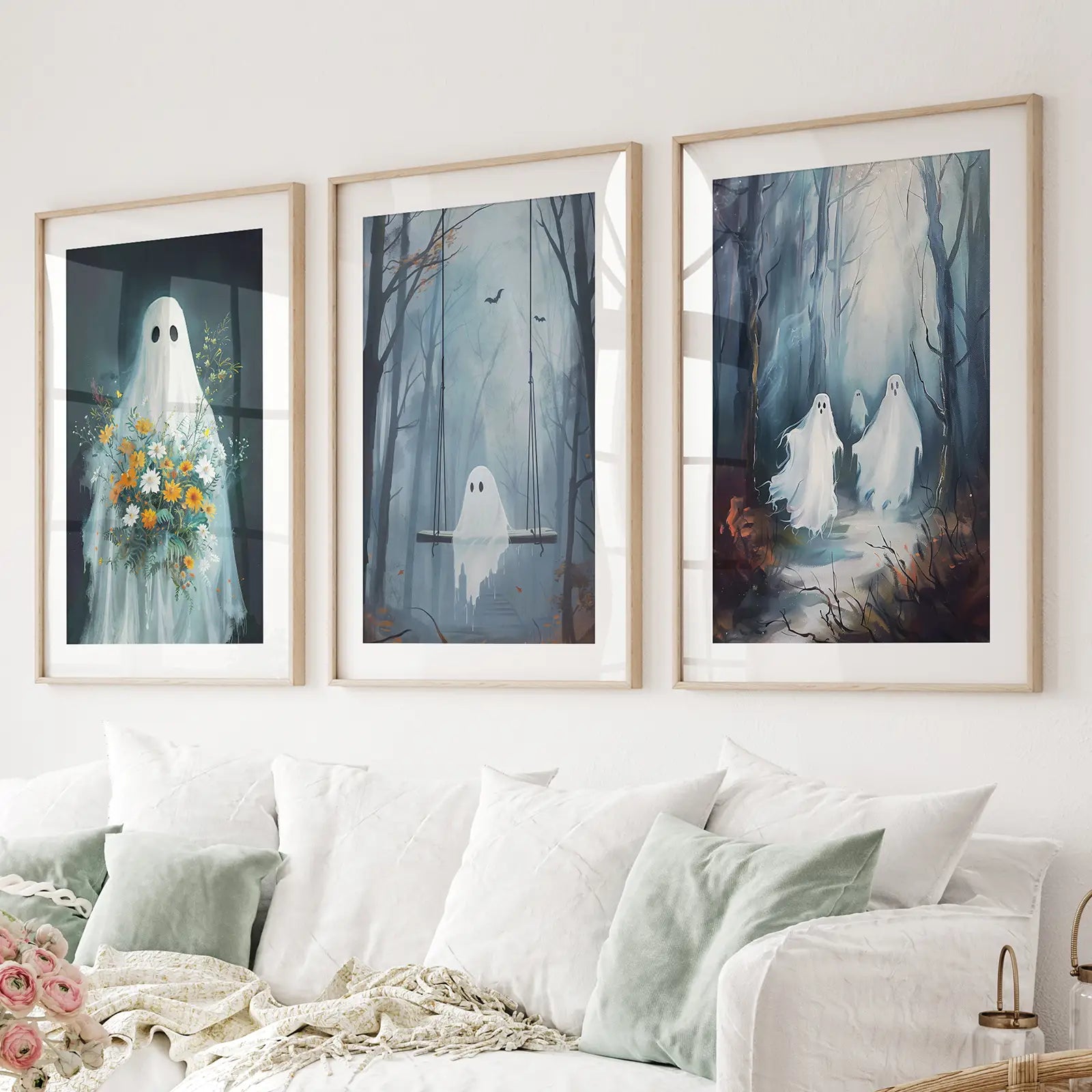 Spooky Halloween Set of 3 Poster Wall Decor. Thinwood Frames with Mat for Living Room.