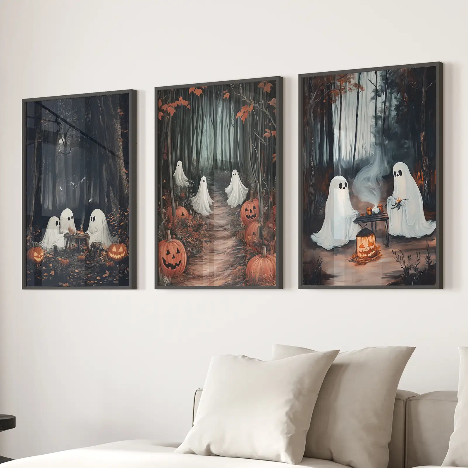 Autumn Forest Landscape Ghost Pumpkin Art Prints. Black Frames for Living Room.