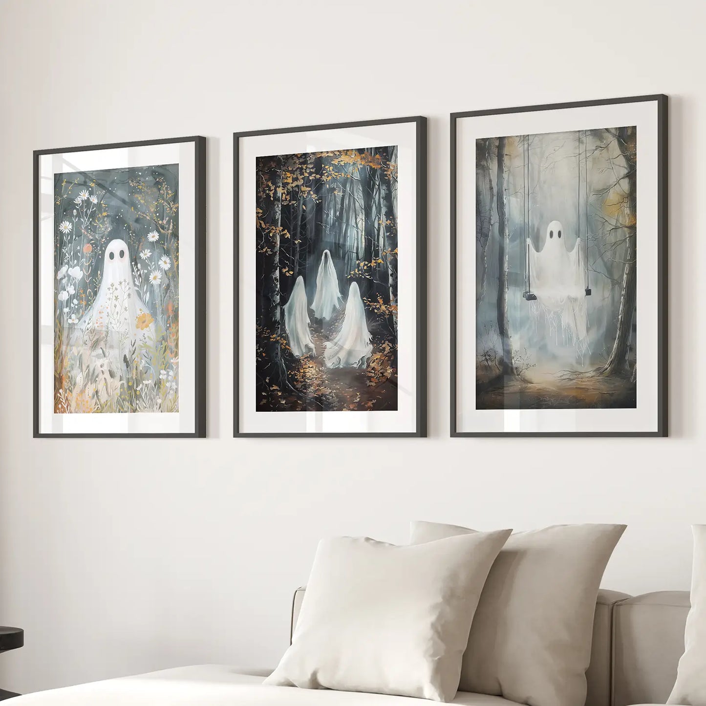 Spooky Haunted Forest Wall Art Home Decor. Black Frames with Mat Over the Couch.