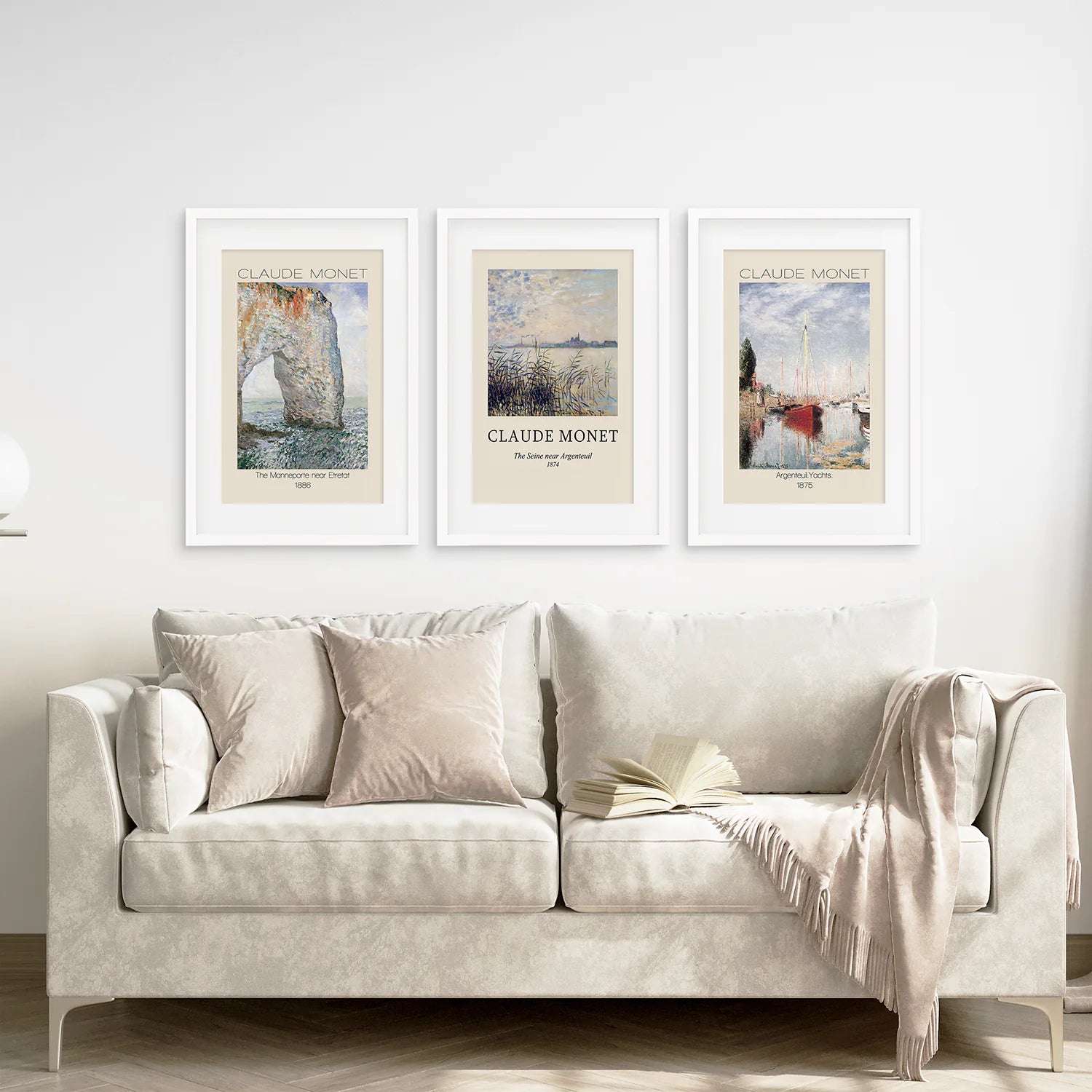 Monet Exhibition Poster Museum Art Decor. White Frames with Mat Above the Sofa.