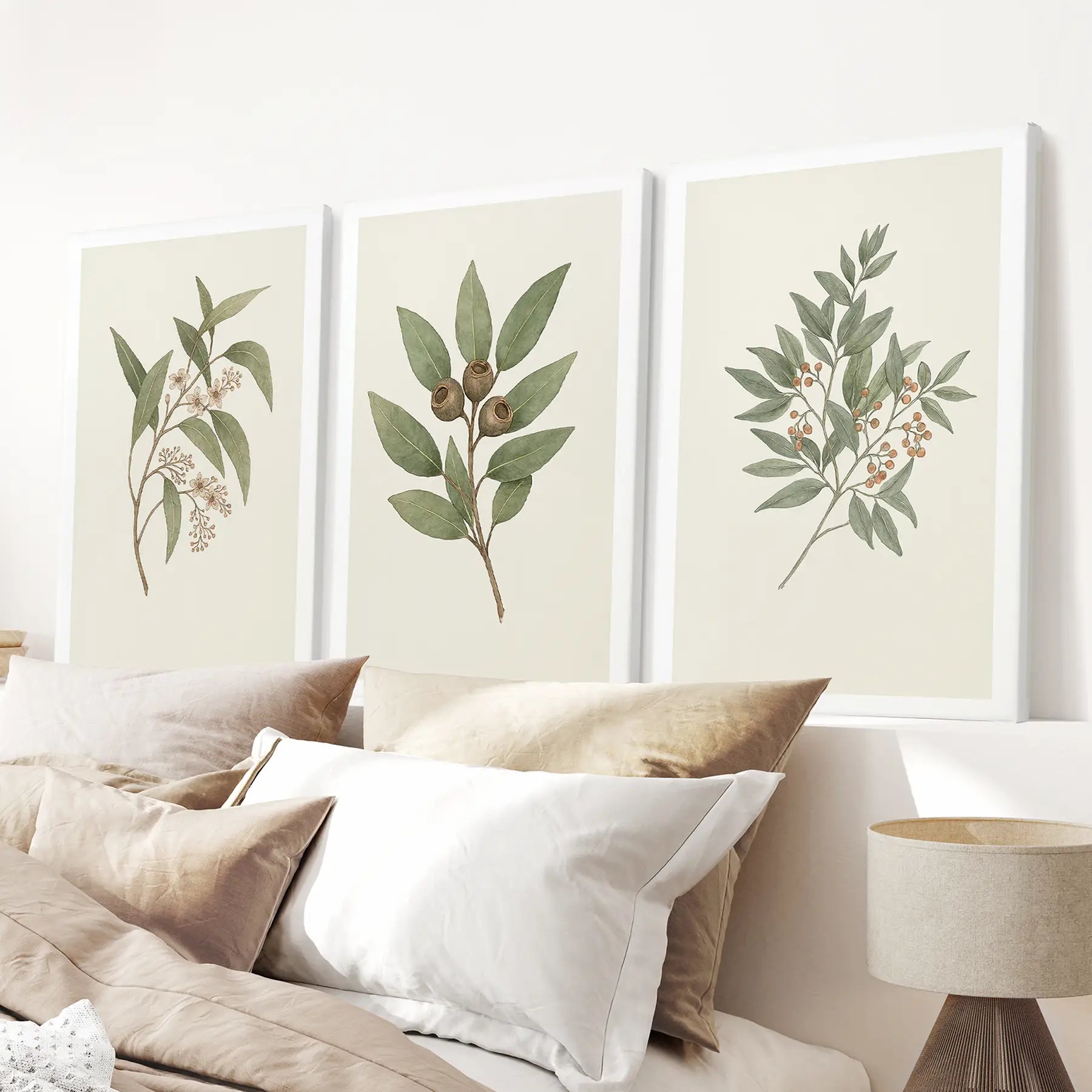 Botanical Sage Green Modern Gallery Wall Decor Posters. Wrapped Canvas for Bedroom.