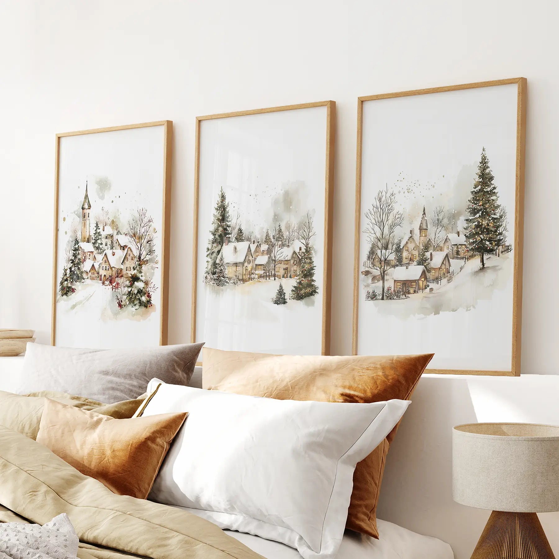 Vintage Holiday Neutral Winter Decor Art Print Set. Thinwood Frames for Bedroom.