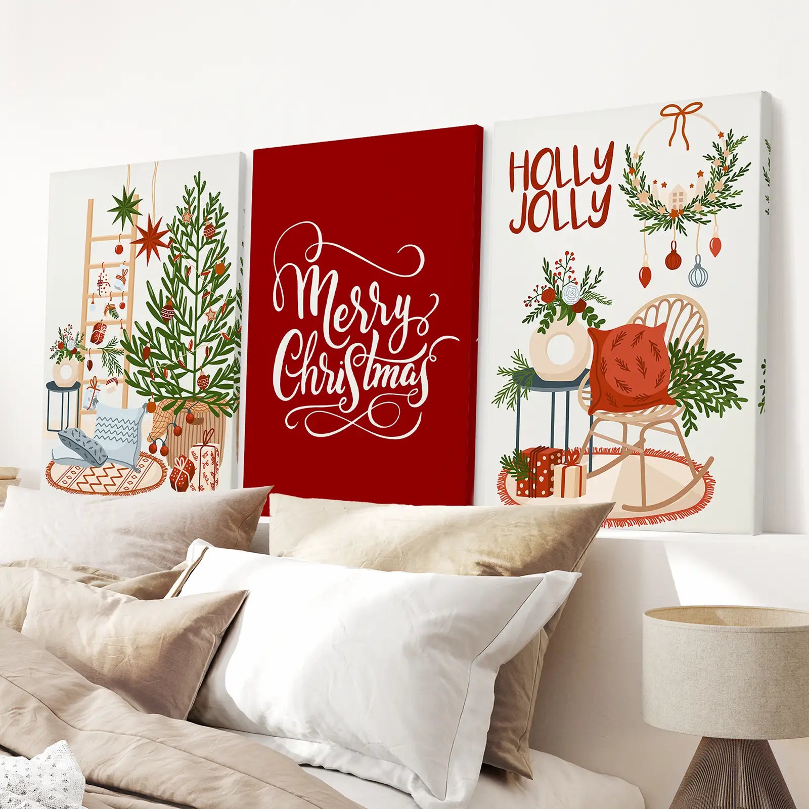 Holly Jolly Winter Holiday Wall Poster Set Decor. Stretched Canvas Over the Bed.