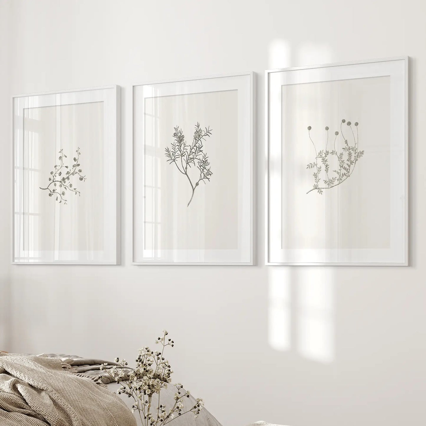 Minimalistic Neutral Flowers Farmhouse Decor Poster Set. White Frames with Mat Over the Bed.