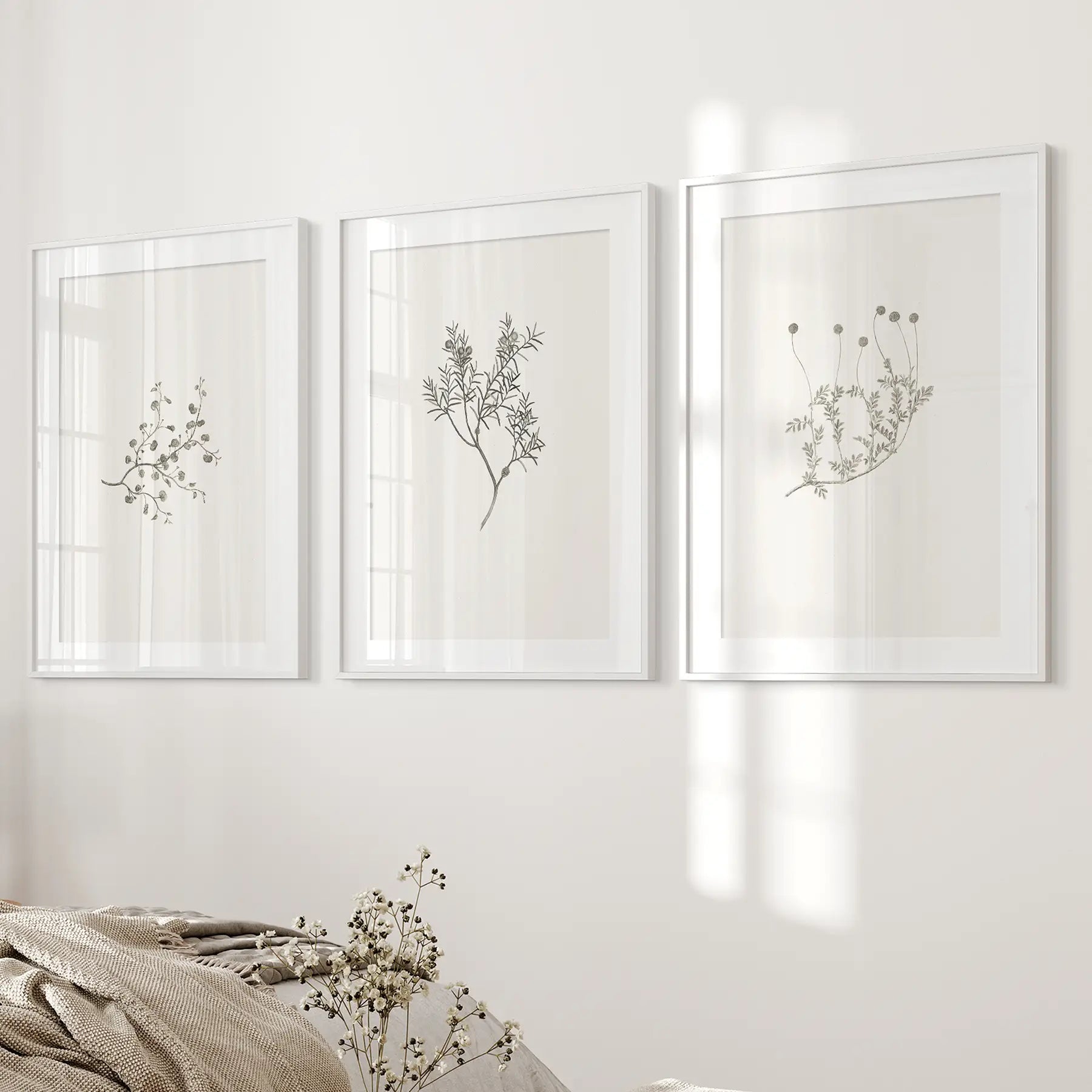 Minimalistic Neutral Flowers Farmhouse Decor Poster Set. White Frames with Mat Over the Bed.