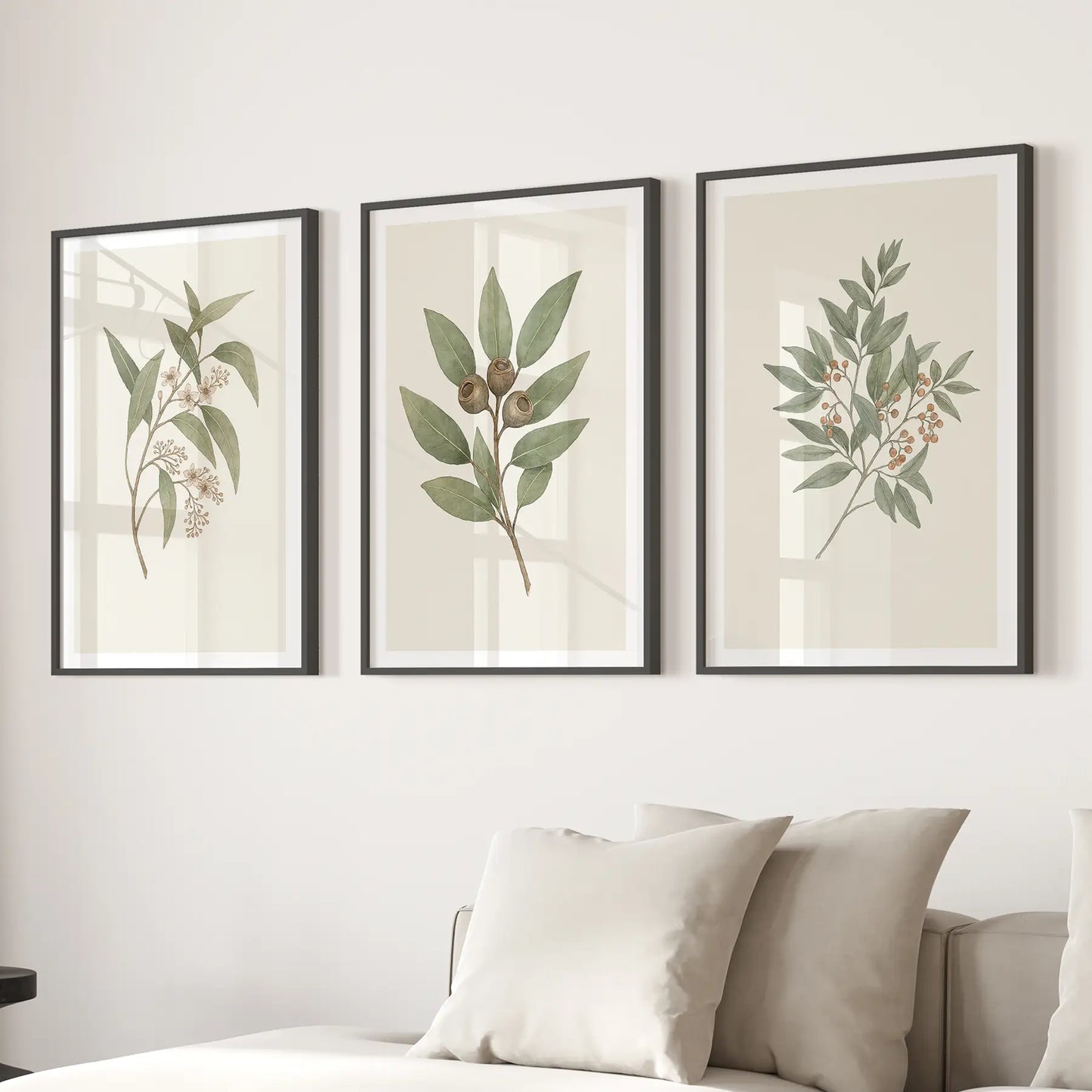 Country Botanical Wall Decor Vintage Art Prints. Black Frames Above the Sofa.