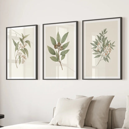 Country Botanical Wall Decor Vintage Art Prints. Black Frames Above the Sofa.
